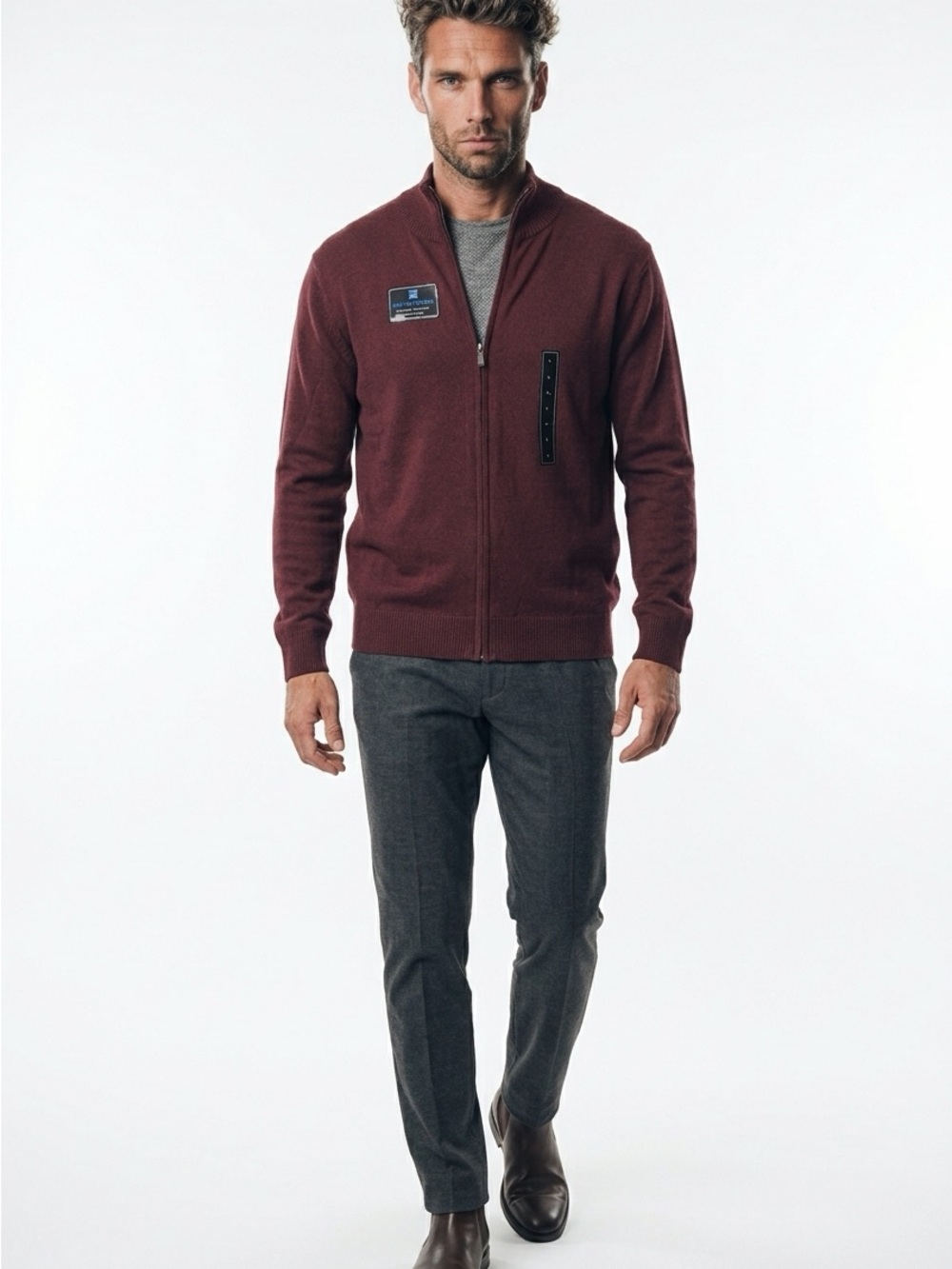 NWT Tricots St Raphael Mens Large Full Zip Sweater Burgundy Heather Long Sleeve
